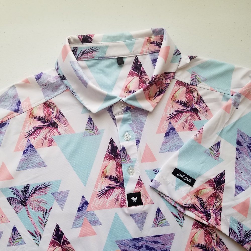 Bad Birdie Mens Multicolor Palm Tree Geometric Short Sleeve Golf Polo Shirt 2XL